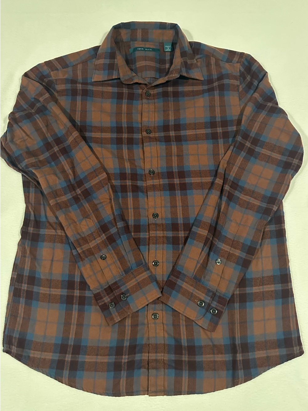 Perry Ellis Brown and Blue Plaid Long Sleeve Shirt